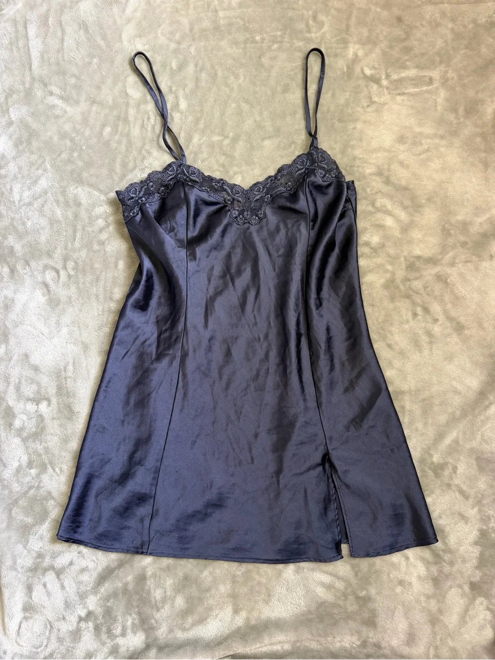 Vintage Victoria's Secret Navy Satin Lace-Trim Slip